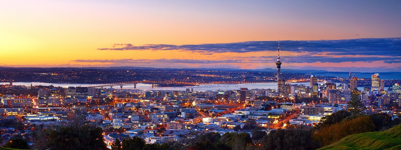 Auckland skyline from Mt Eden at dusk